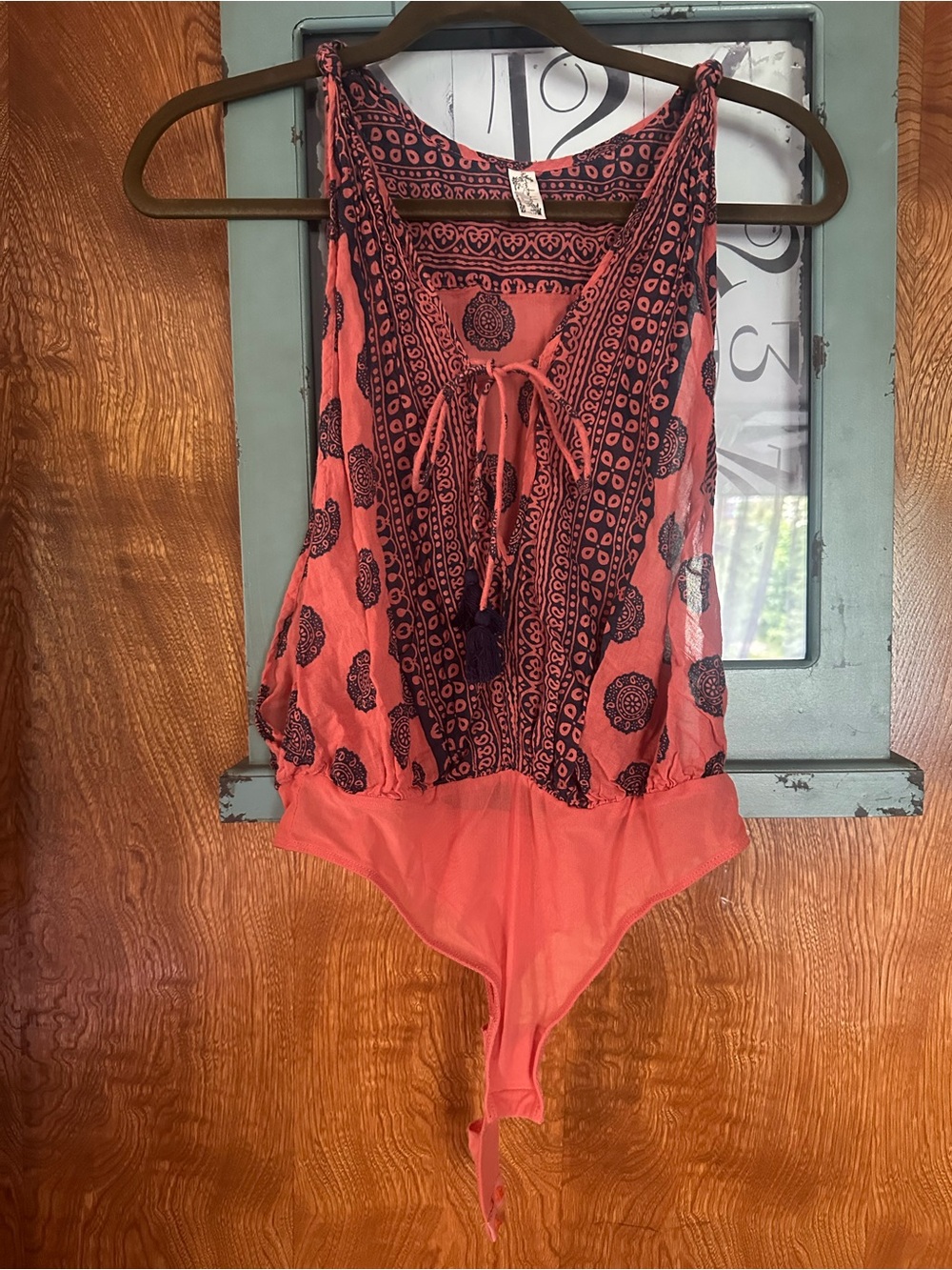 Free People Coral and Navy Printed Tie-Front Sleeveless Bodysuit